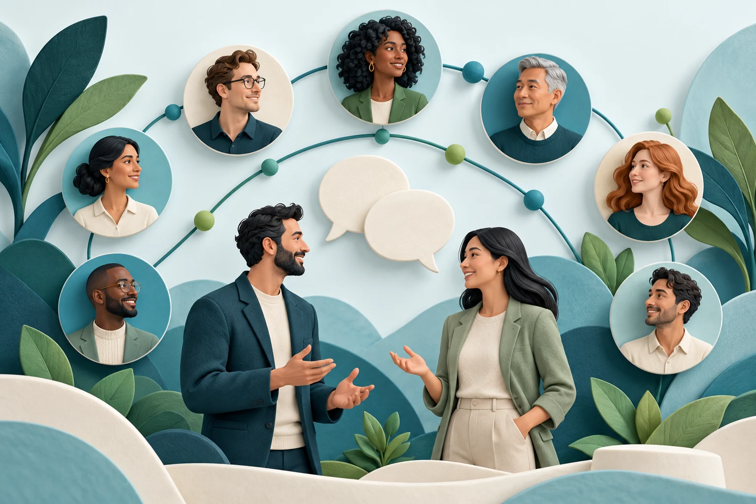 Illustration of member portraits connected around shared conversations.