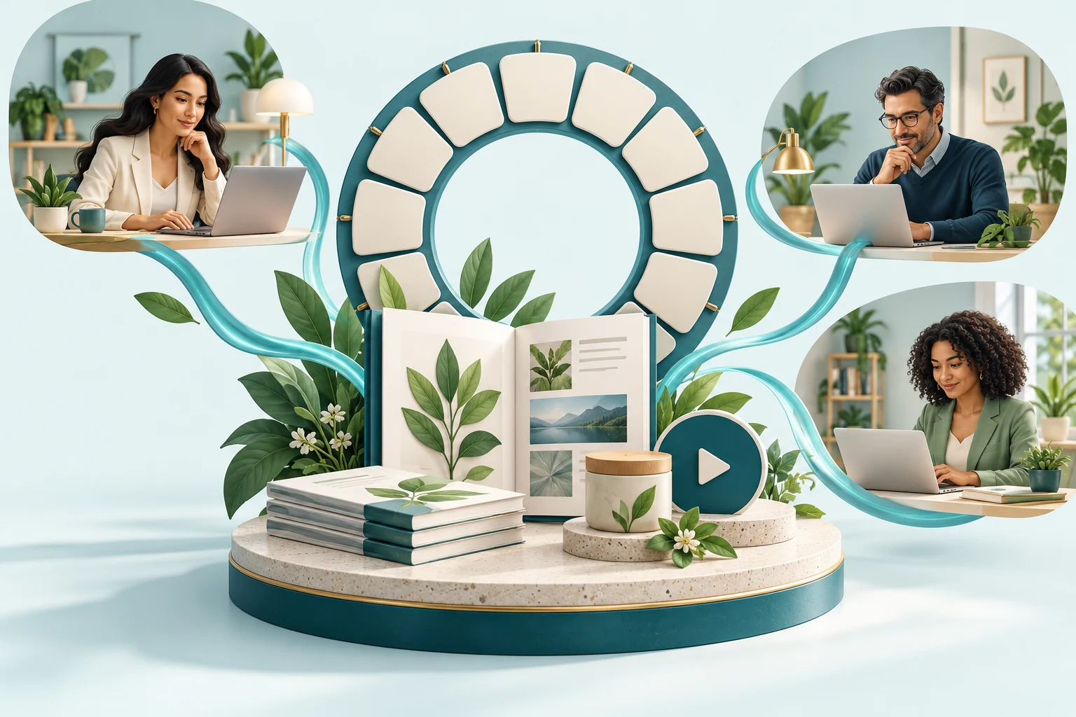 Illustration of exhibitor resources connected to remote professionals around a year-round calendar ring.